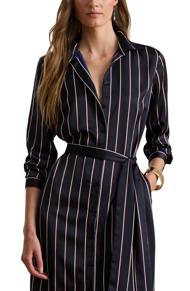 Lauren Ralph Lauren Fayella Stripe Long Sleeve Midi Shirtdress, Alternate, color, Navy/ Cream/ Garnet