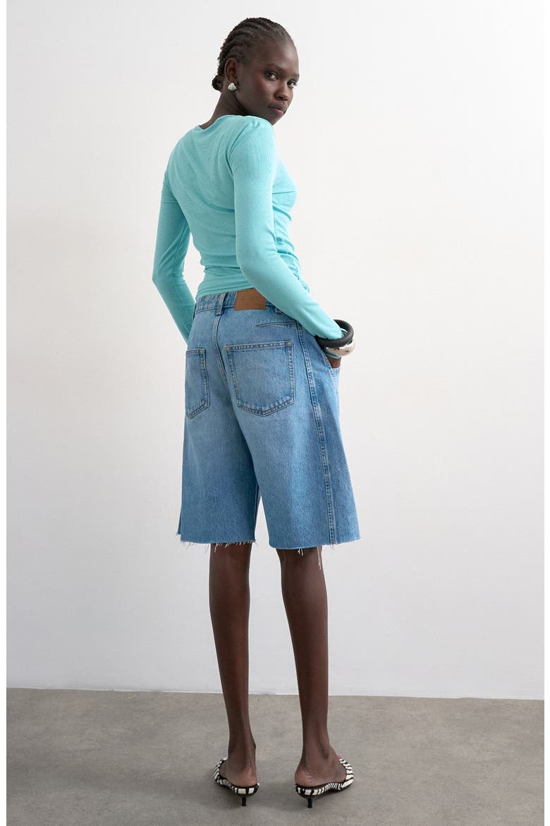 Barrel Leg Denim Bermuda Shorts, Alternate, color, BLUE