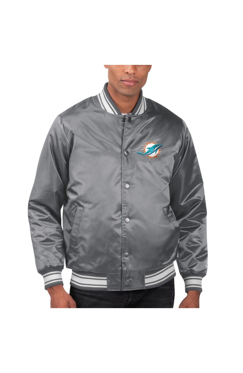 STARTER Men's Starter Gray Miami Dolphins Locker Room Satin Varsity Full-Snap Jacket, Alternate, color, Gray