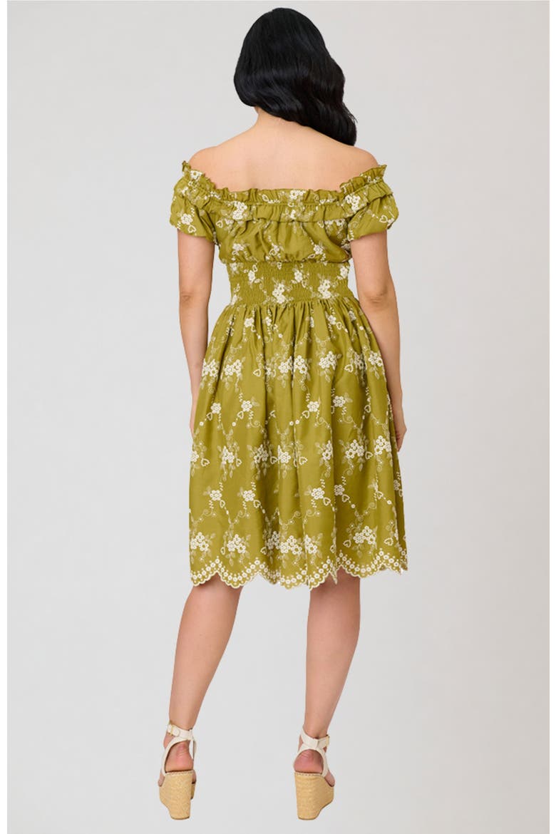 1950s Off The Shoulder Ruffle Swing Dress, Alternate, color, Green w/ Floral Print