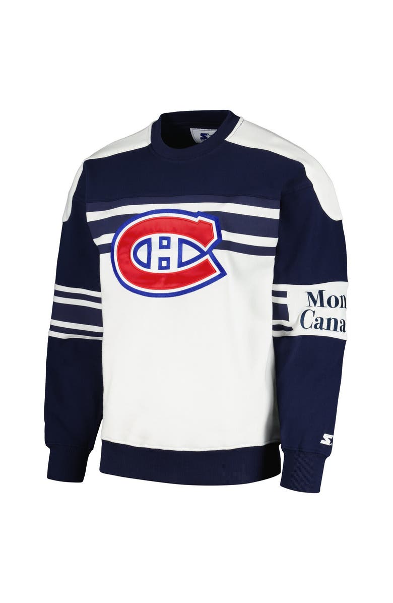 STARTER Men's Starter White Montreal Canadiens Defense Fleece Crewneck Pullover Sweatshirt, Alternate, color, 
