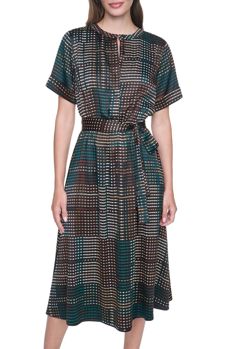 Tie Waist Satin Midi Dress, Alternate, color, BLK/ MALACH
