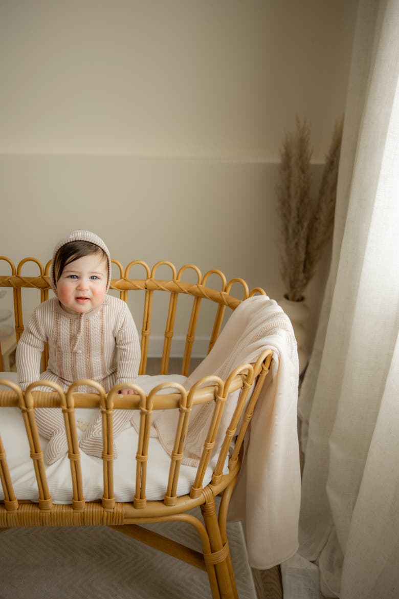 Striped Pointelle Pearl Button Romper with Matching Bonnet, Alternate, color, Primrose