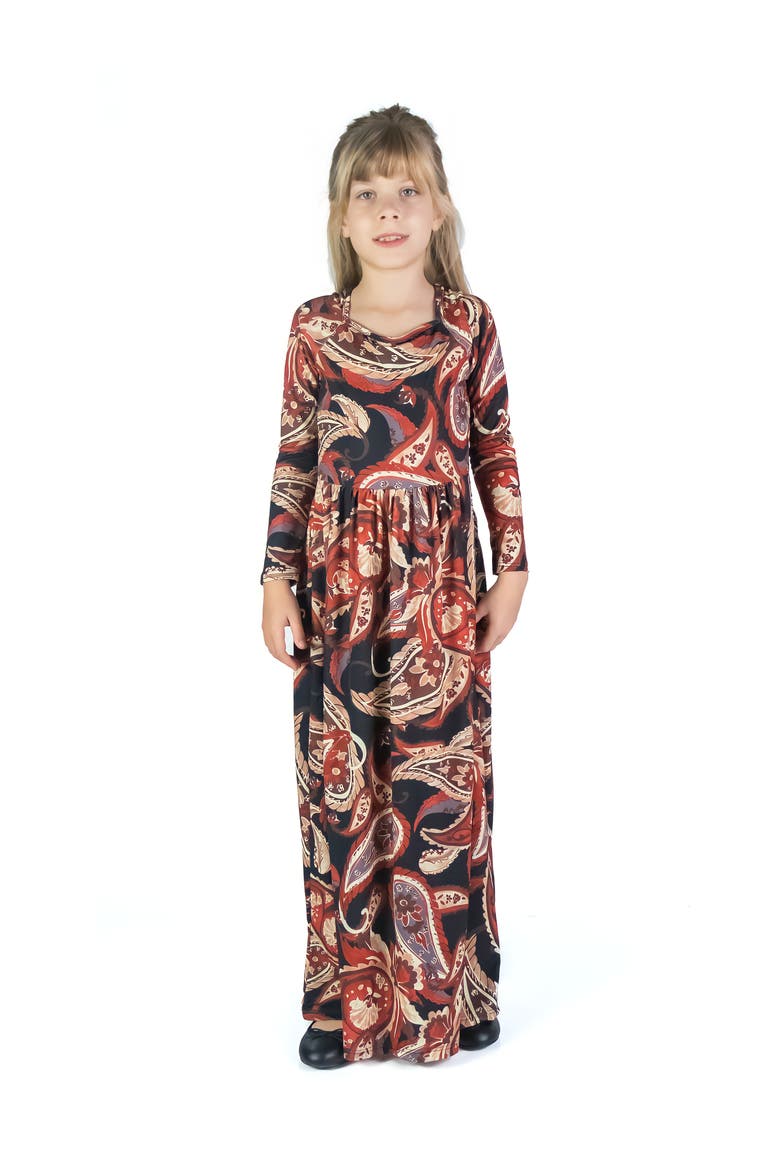 Black and Red Paisley Long Sleeve Pleated Maxi Dress, Main, color, Brown Multi