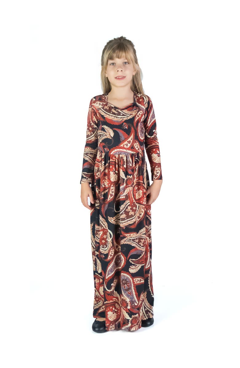 24sevenKid Black and Red Paisley Long Sleeve Pleated Maxi Dress, Main, color, Brown Multi