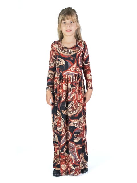 Black and Red Paisley Long Sleeve Pleated Maxi Dress