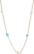Argento Vivo Sterling Silver Cultured Pearl & Turquoise Station Necklace
