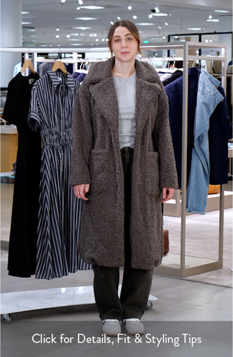 Notch Collar Faux Shearling Long Coat, sales video thumbnail