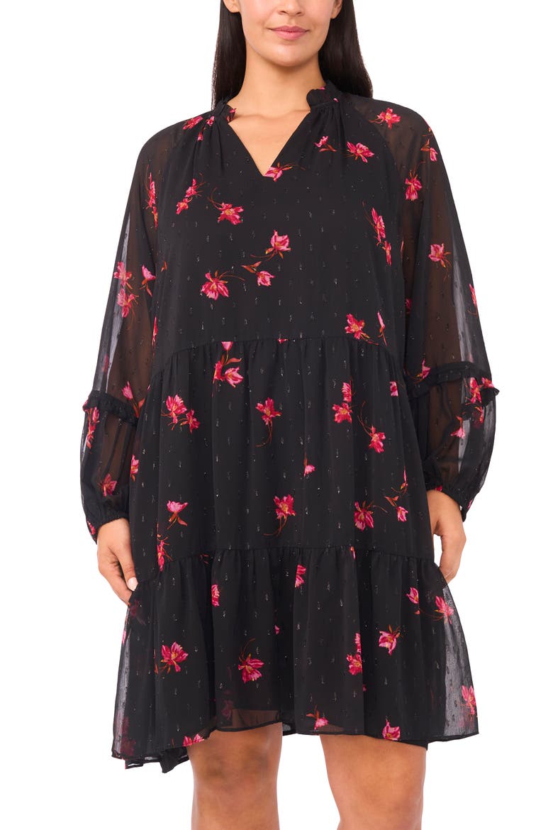 Metallic Fleck Floral Long Sleeve Babydoll Dress, Alternate, color, RICH BLACK