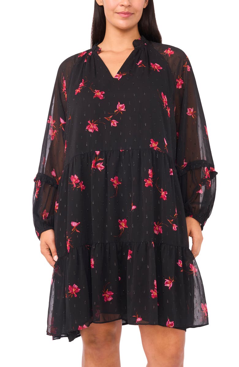 CeCe Metallic Fleck Floral Long Sleeve Babydoll Dress, Alternate, color, Rich Black