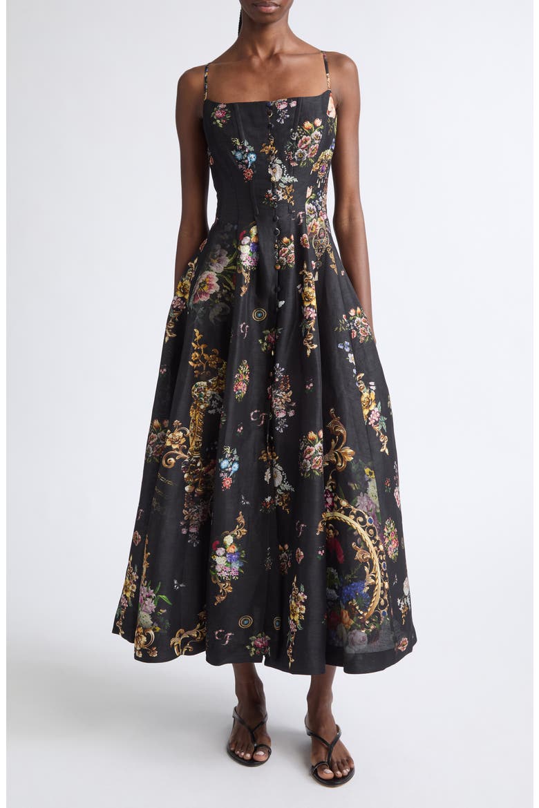 Floral Print Linen & Silk Corset Dress, Main, color, NIGHT GARDEN