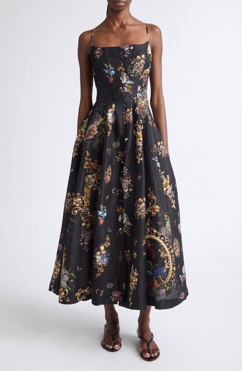 Floral Print Linen & Silk Corset Dress