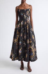 Camilla Floral Print Linen & Silk Corset Dress