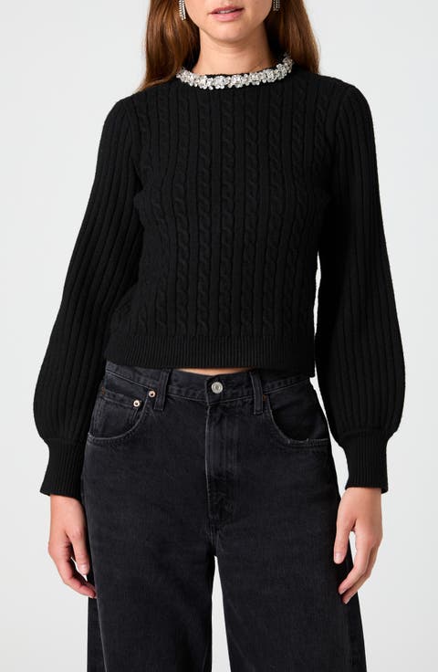 Avea Crystal Embellished Cable Knit Sweater