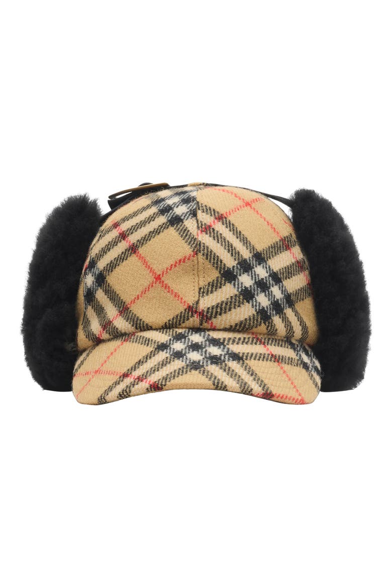 Check Wool Flannel & Genuine Shearling Trapper Cap, Main, color, SAND IP CHECK