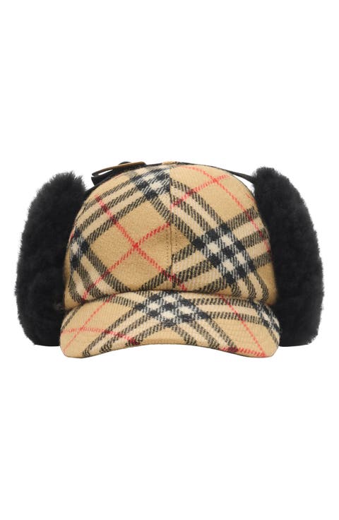 Check Wool Flannel 
Genuine Shearling Trapper Cap