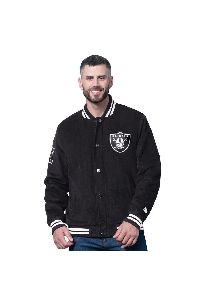 Men's Starter Black Las Vegas Raiders Blackout Corduroy Full-Snap Varsity Jacket, Main, color, Black