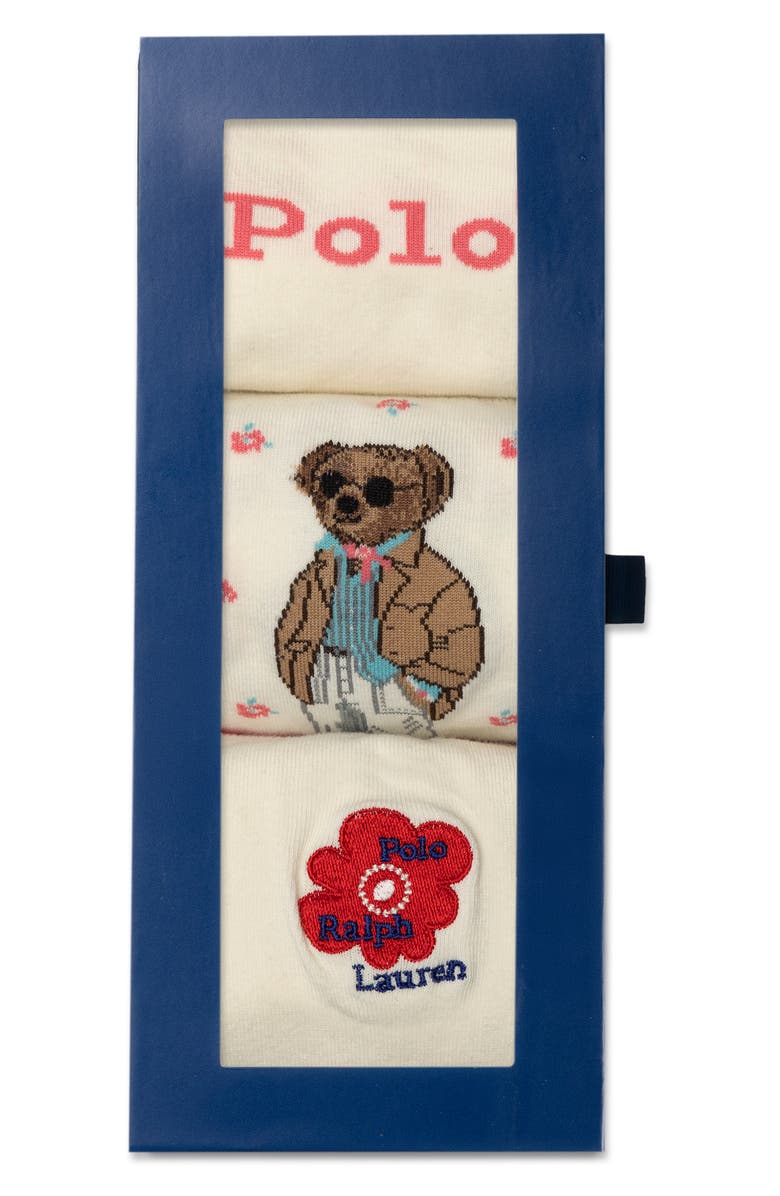 Polo Ralph Lauren Assorted 3-Pack Floral Bear Cotton Blend Crew Socks Gift Box, Alternate, color, Ivory