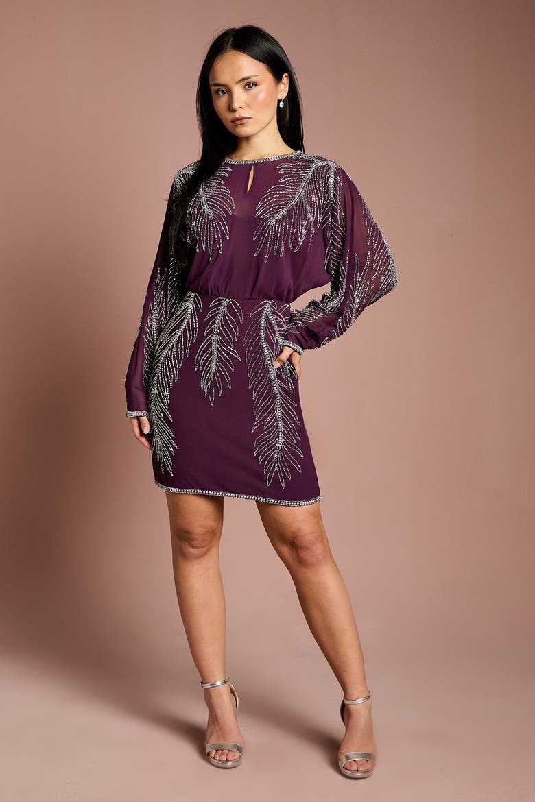 Petite Feather Embellished Mini Dress, Alternate, color, Red