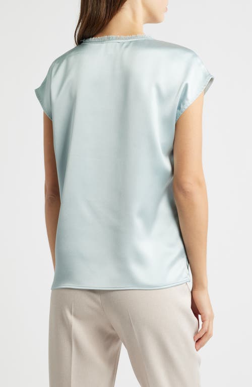 Tahari Asl Fringe Neck Satin Top In Dusty Aqua