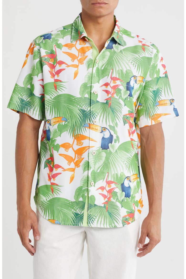 Coconut Point Toucan Chats Short Sleeve Button-Up Shirt, Main, color, TROPICAL PRINT