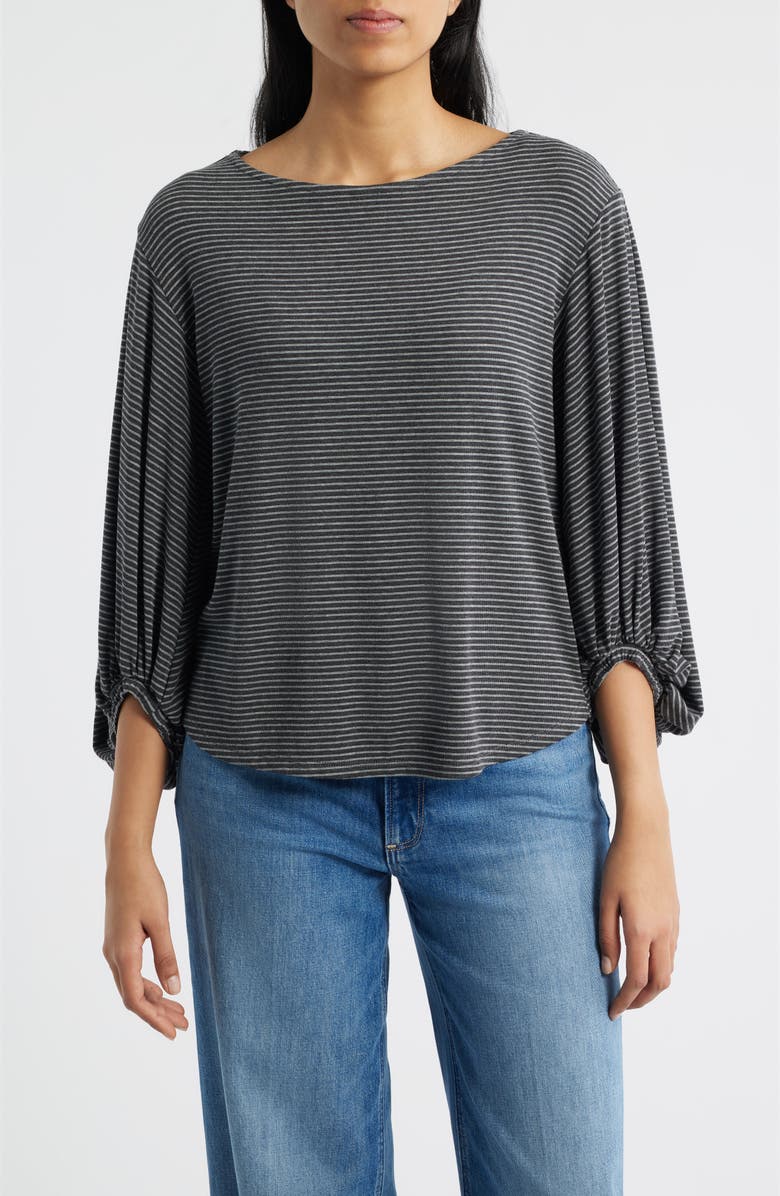 Wit & Wisdom Stripe Balloon Sleeve Knit Top, Main, color, Heather Charcoal