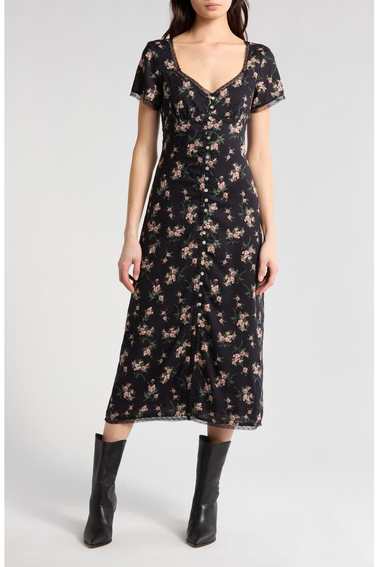 Floral Lace Trim Button-Up Dress, Main, color, BLACK FLORAL