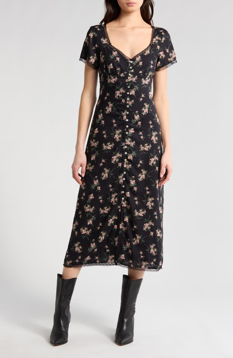 Lucky Brand Floral Lace Trim Button-Up Dress, Main, color, 