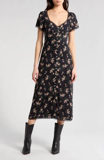 Lucky Brand Women's Border Floral Print Button Front Shirt Midi Dress