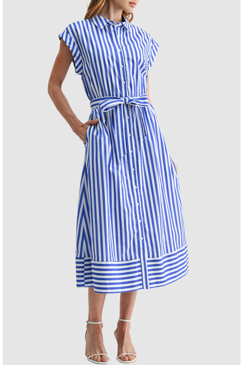 Flora Belted Button Down Midi Dress, Alternate, color, BLUE WHITE STRIPE