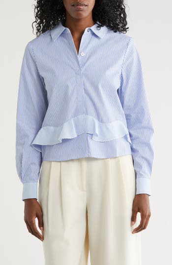 Nicole Miller Stripe Ruffle Long Sleeve Button-up Shirt In Blue