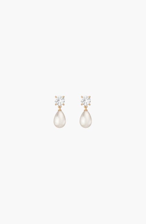 Lab Grown White Sapphire Pearl Drop Earrings