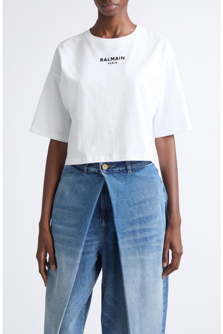 Crop Embroidered Balmain Paris Cotton T-Shirt, Main, color, GAB WHITE/ BLK