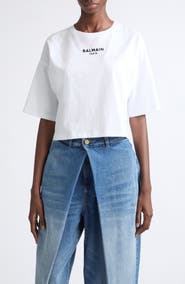 Balmain Crop Embroidered Balmain Paris Cotton T-Shirt