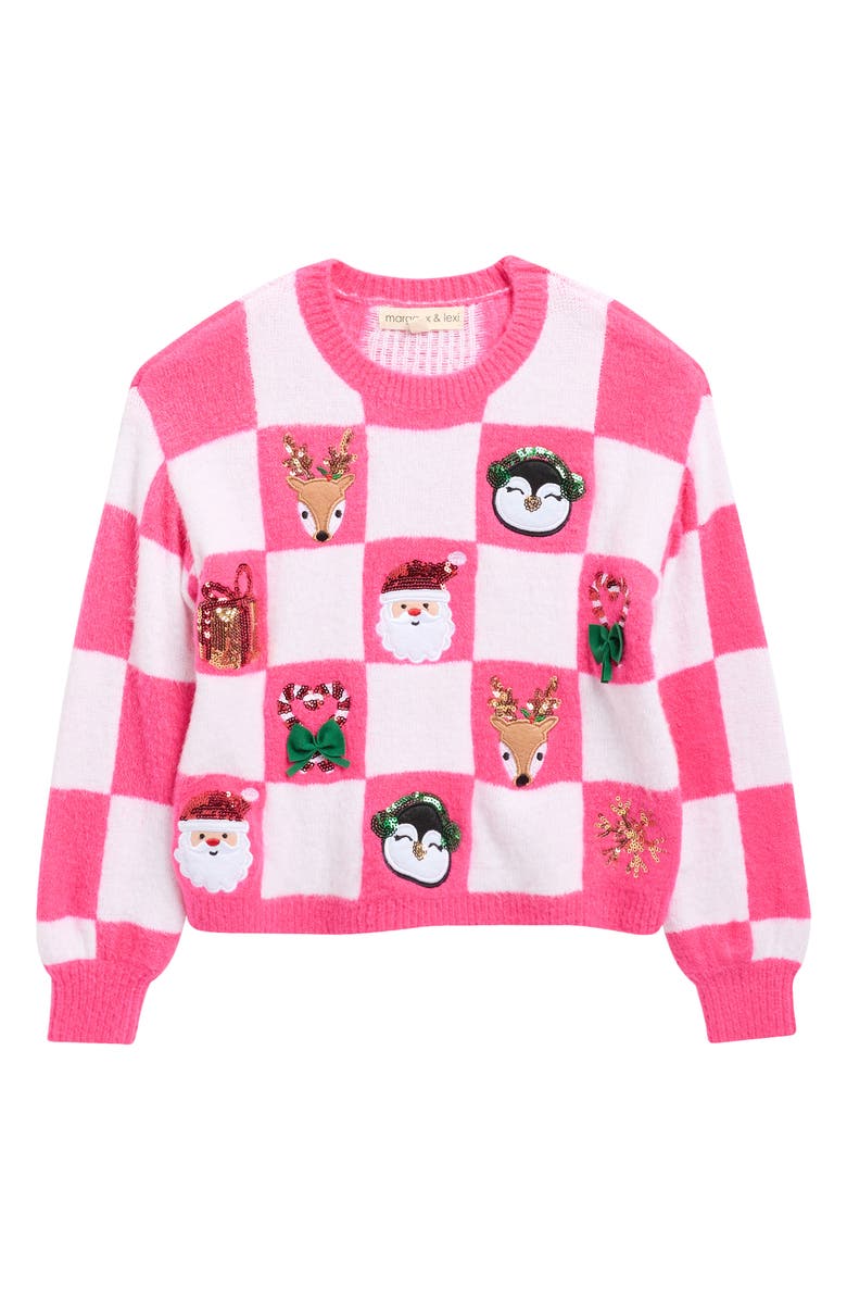 MARGAUX AND LEXI Kids' Checkerboard Christmas Sweater, Main, color, Pink