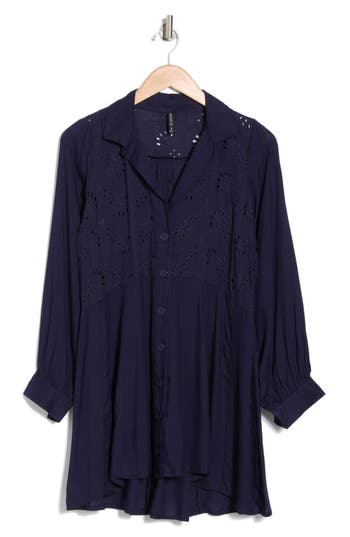 Boho Me Eyelet Long Sleeve Button-down Swim Cover-up In Navy