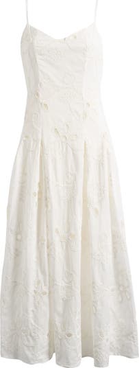 Embroidered Godet Pleat Cotton A-Line Dress