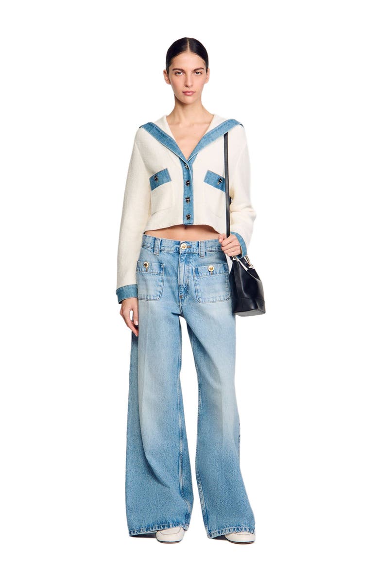 SANDRO Cardigan with denim details, Alternate, color, 