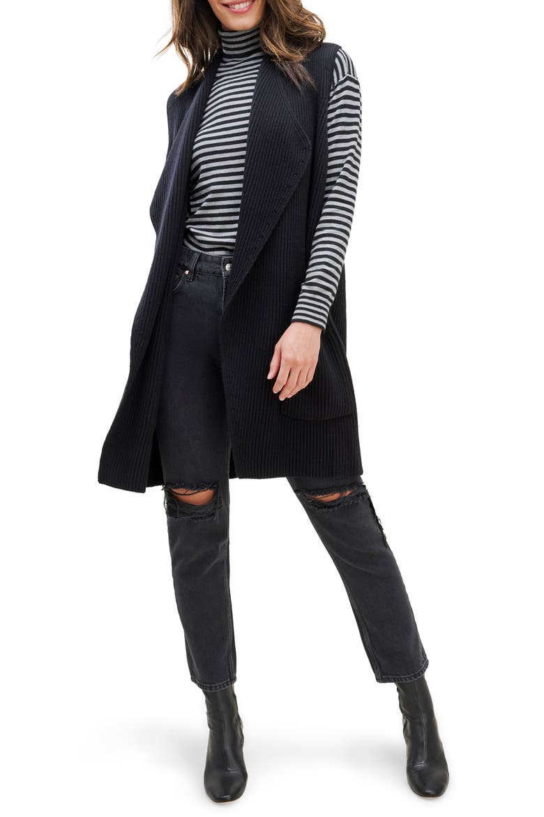 Juliet Rib Open Front Sweater Vest, Main, color, BLACK