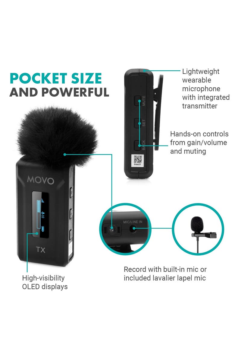 MOVO WMX-2-C Wireless Microphone for iPhone 15/16 with Charging Case, Alternate, color, Black