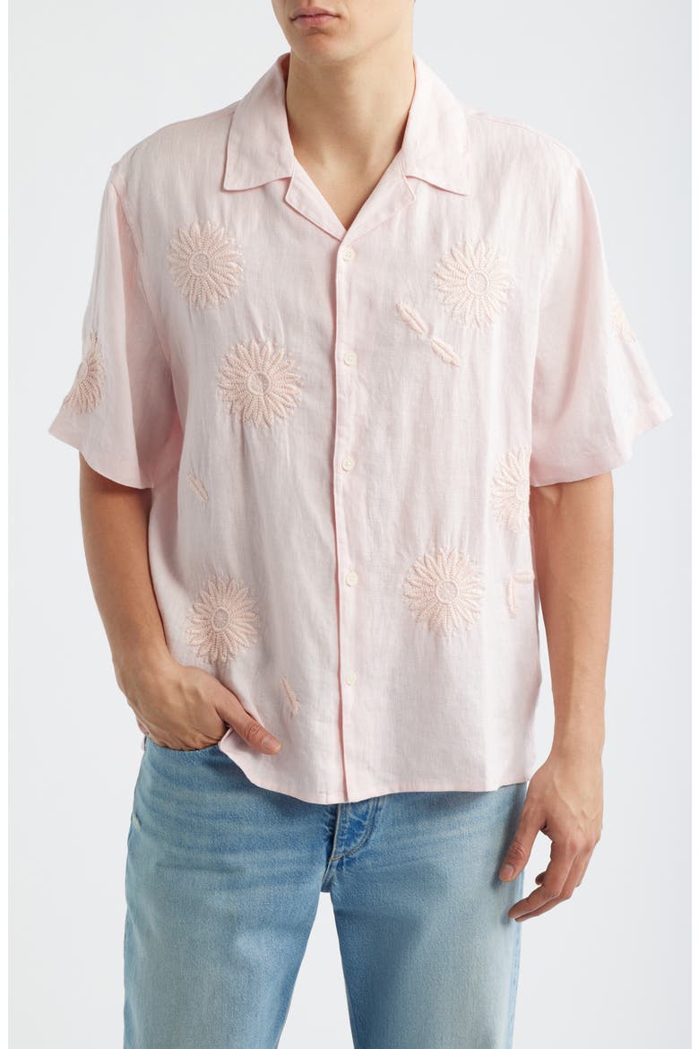 Didicot Chunk Embroidered Flowers Linen Camp Shirt, Main, color, PINK