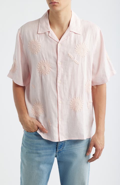 Didicot Chunk Embroidered Flowers Linen Camp Shirt