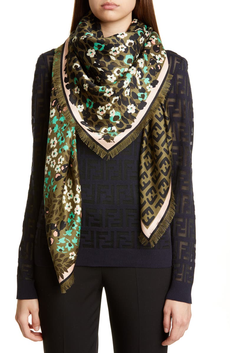 Fendi FF Floral Silk & Wool Shawl, Alternate, color, 