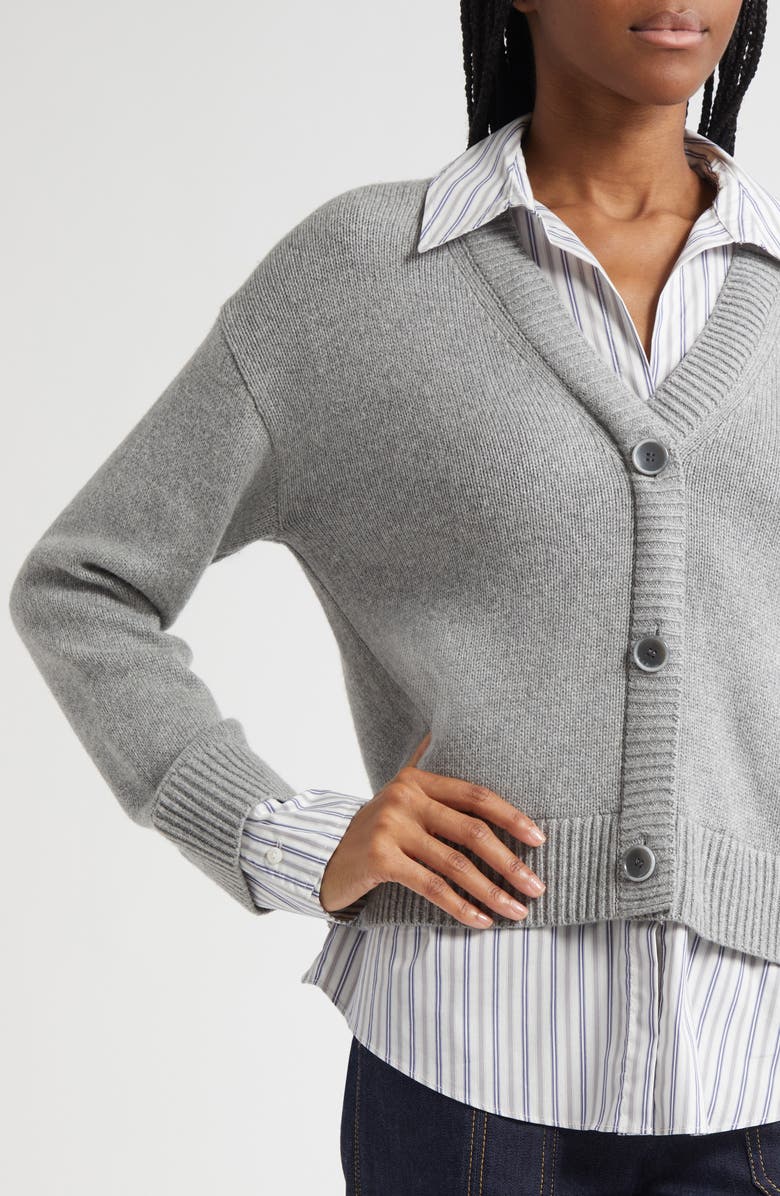 Cinq à Sept Megan Mixed Media Pullover Sweater, Alternate, color, Heather Grey/ Blue Stripe