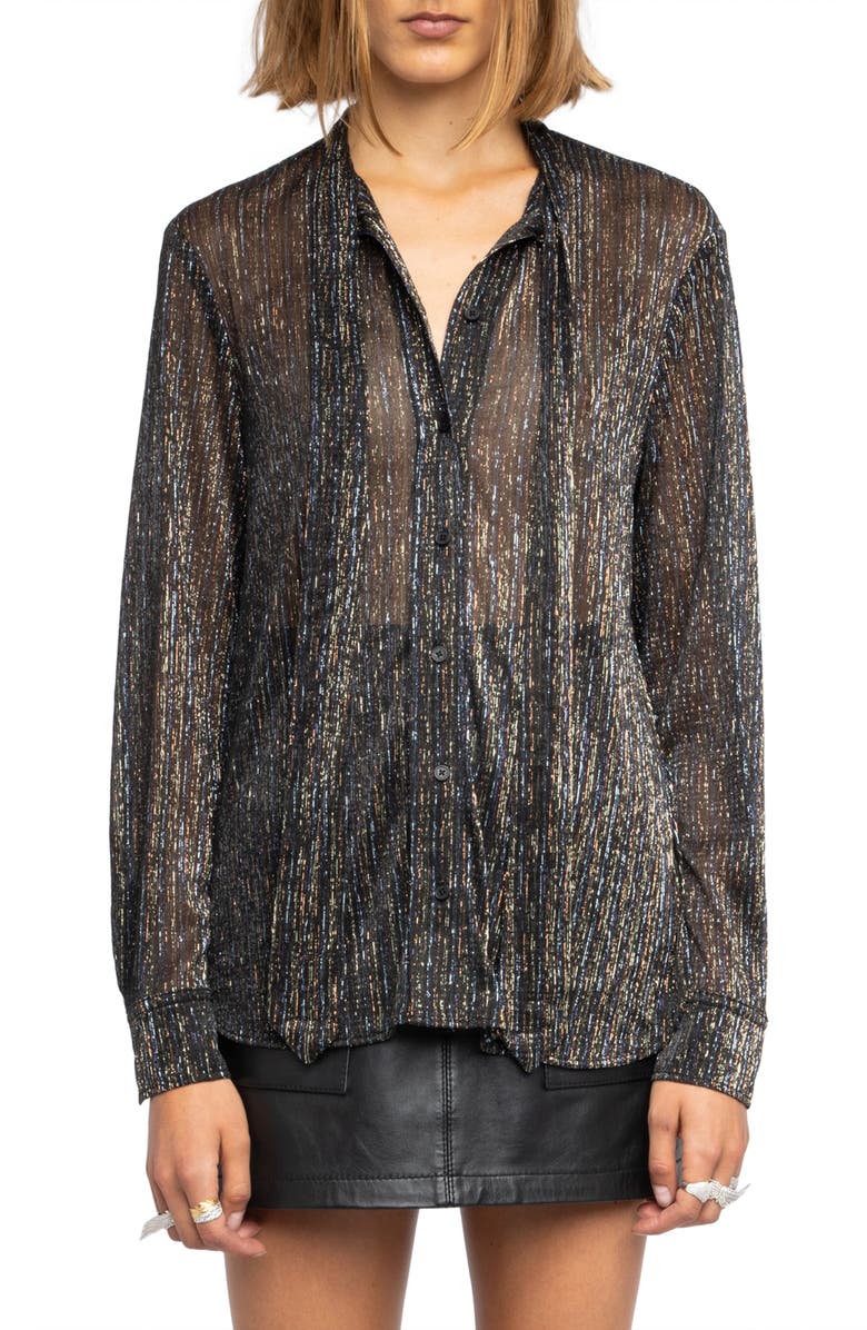 Zadig & Voltaire Tulba Shimmer Tie Neck Shirt, Main, color, Black