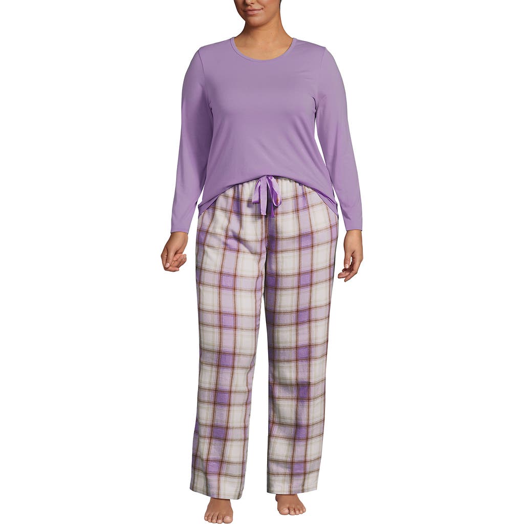 Lands' End Pajama Set Knit Long Sleeve T-shirt And Flannel Pants In Purple