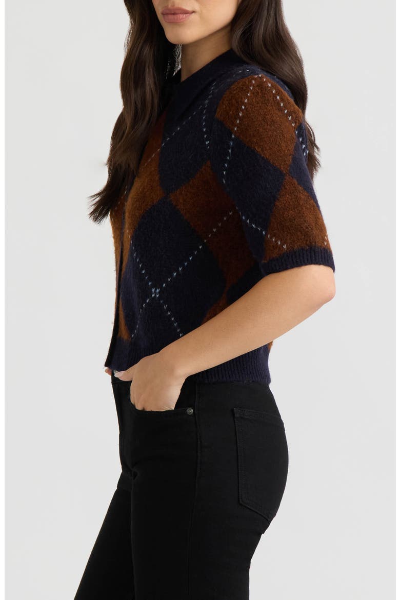 Short Sleeve Argyle Cardigan, Alternate, color, DARK NAVY/ COPPER ARGYLE