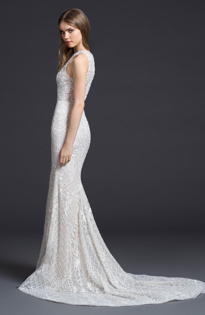 Lazaro Embroidered Chiffon Trumpet Gown, Alternate, color,