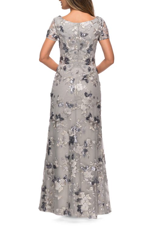 LA FEMME LA FEMME FLORAL SHORT SLEEVE FORMAL DRESS WITH SCOOP NECK