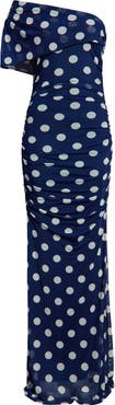 Black Halo Rosario Polka Dot One-Shoulder Mesh Maxi Dress
